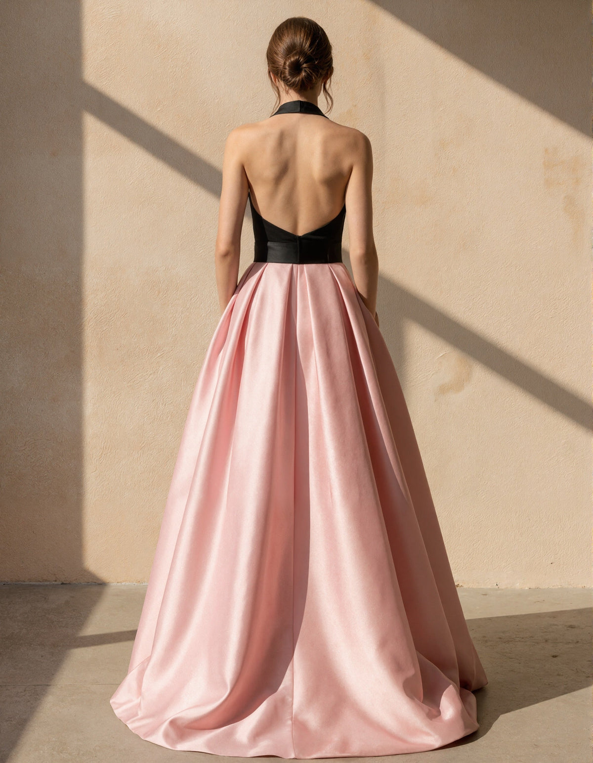 Black And Pink Halter Neck Deep V Satin Maxi Dress