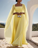 Light Yellow Square Neck Cape Sleeve Pleated Chiffon Maxi Dress