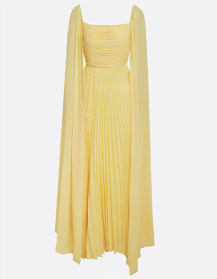 Light Yellow Square Neck Cape Sleeve Pleated Chiffon Maxi Dress