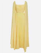 Light Yellow Square Neck Cape Sleeve Pleated Chiffon Maxi Dress