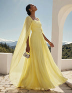 Light Yellow Square Neck Cape Sleeve Pleated Chiffon Maxi Dress