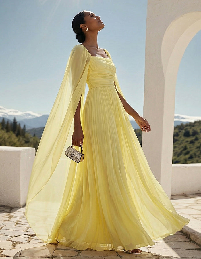 Light Yellow Square Neck Cape Sleeve Pleated Chiffon Maxi Dress