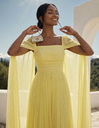 Light Yellow Square Neck Cape Sleeve Pleated Chiffon Maxi Dress