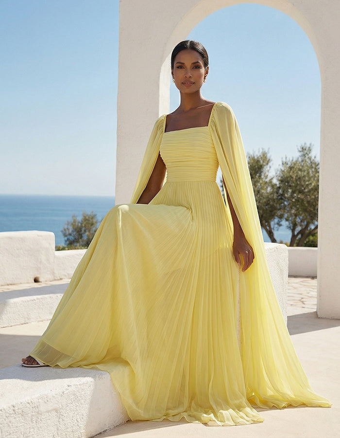 Light Yellow Square Neck Cape Sleeve Pleated Chiffon Maxi Dress