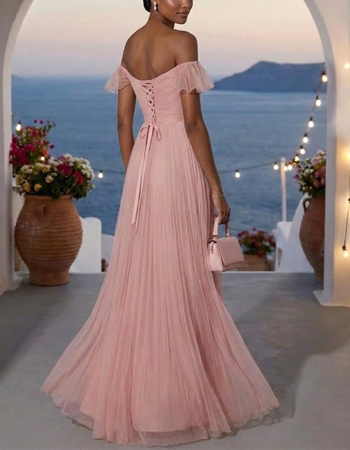 Pink Off Shoulder Ruffled Pleated Chiffon Maxi Dress