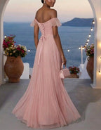 Pink Off Shoulder Ruffled Pleated Chiffon Maxi Dress