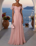 Pink Off Shoulder Ruffled Pleated Chiffon Maxi Dress
