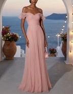 Pink Off Shoulder Ruffled Pleated Chiffon Maxi Dress