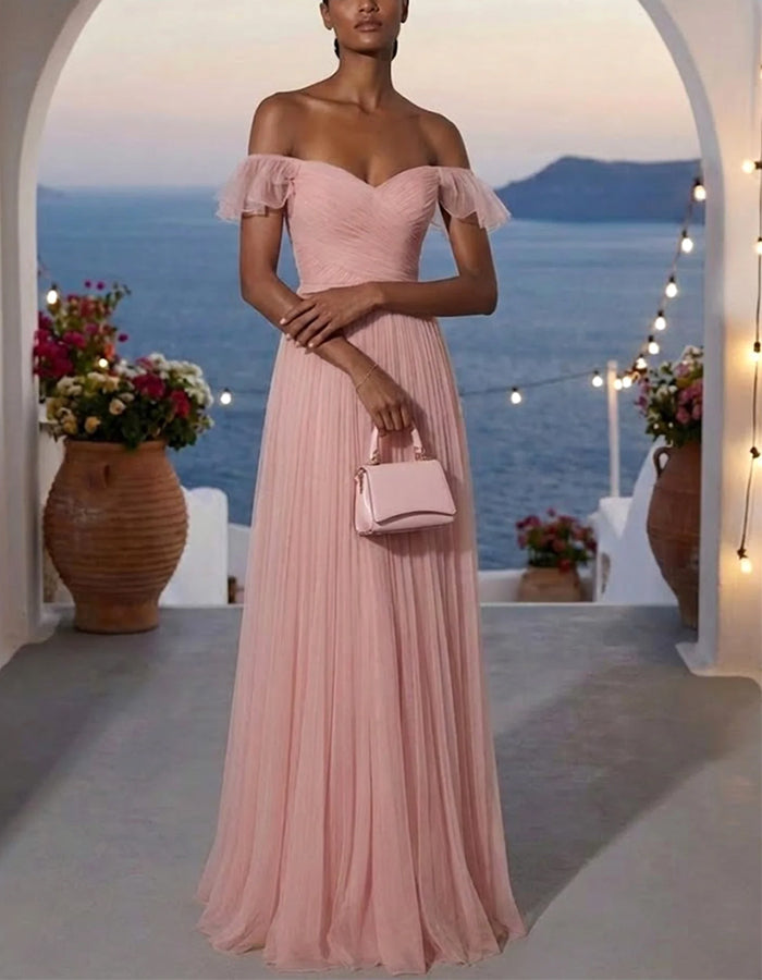 Pink Off Shoulder Ruffled Pleated Chiffon Maxi Dress