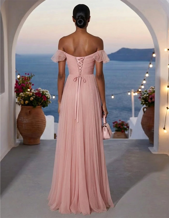 Pink Off Shoulder Ruffled Pleated Chiffon Maxi Dress