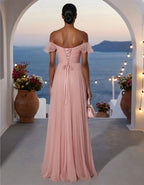 Pink Off Shoulder Ruffled Pleated Chiffon Maxi Dress