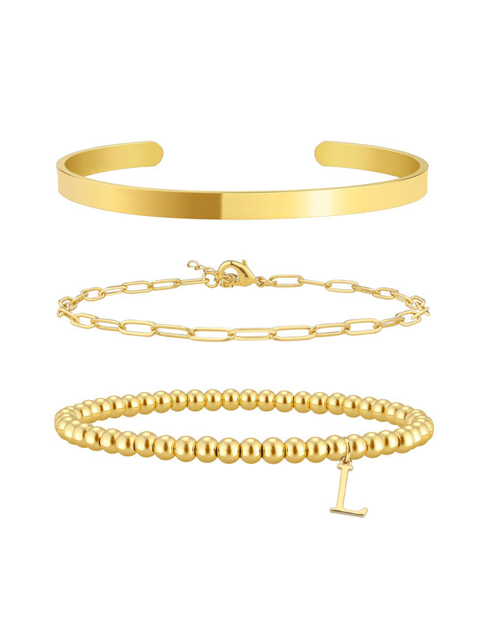 Stackable Beaded Letter Pendant Bracelet 3-Piece Set