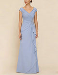 Ice Blue V-Neck With Ruffled Trim Maxi Dress
