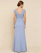 Ice Blue V-Neck With Ruffled Trim Maxi Dress