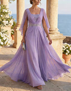 Ice Blue Chiffon Cape Sleeves Maxi Dress