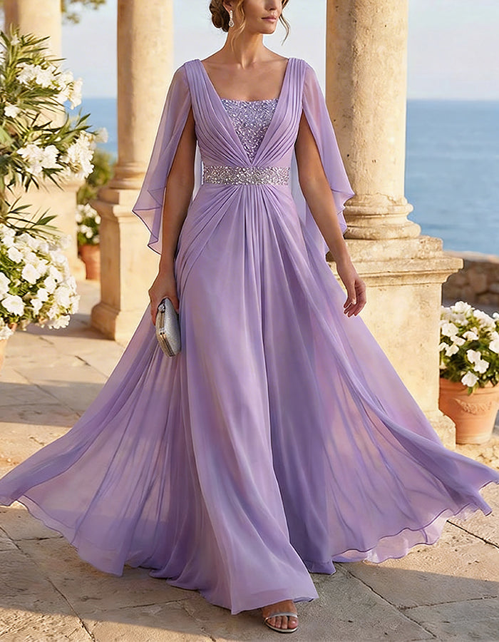 Ice Blue Chiffon Cape Sleeves Maxi Dress