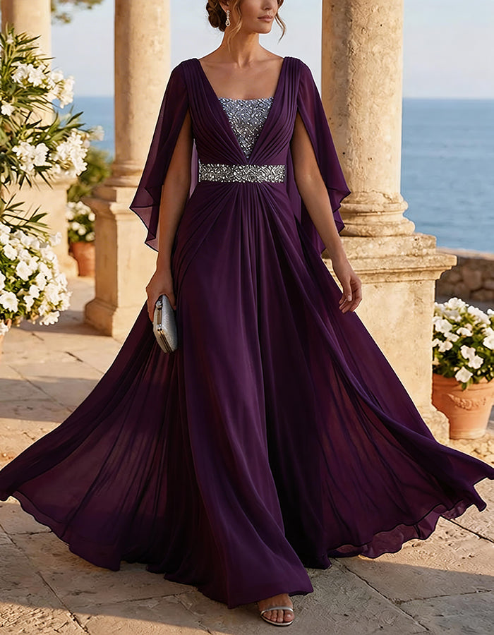 Ice Blue Chiffon Cape Sleeves Maxi Dress