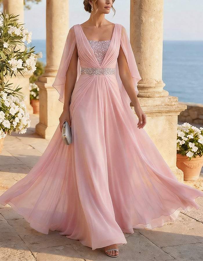 Ice Blue Chiffon Cape Sleeves Maxi Dress