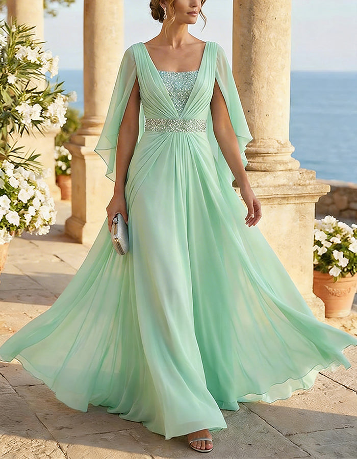 Ice Blue Chiffon Cape Sleeves Maxi Dress