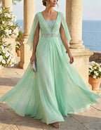 Ice Blue Chiffon Cape Sleeves Maxi Dress