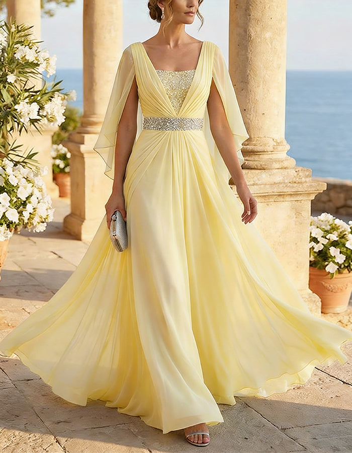 Ice Blue Chiffon Cape Sleeves Maxi Dress