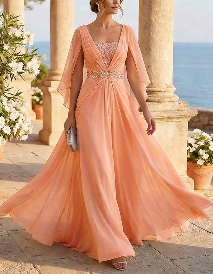Ice Blue Chiffon Cape Sleeves Maxi Dress