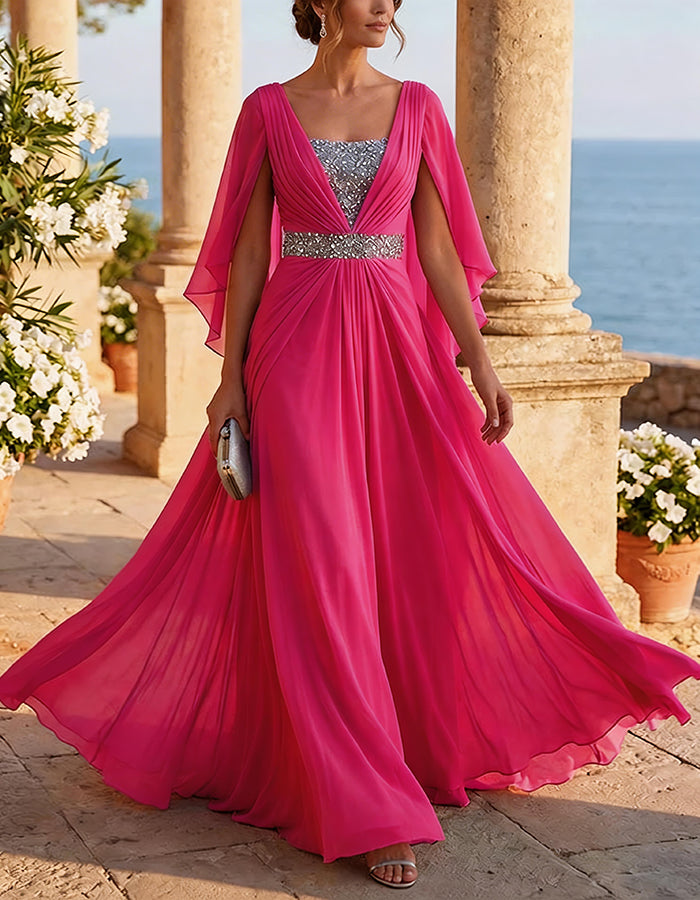 Ice Blue Chiffon Cape Sleeves Maxi Dress
