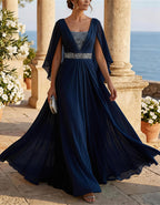 Ice Blue Chiffon Cape Sleeves Maxi Dress