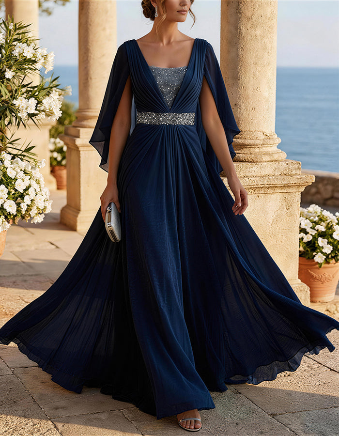 Ice Blue Chiffon Cape Sleeves Maxi Dress
