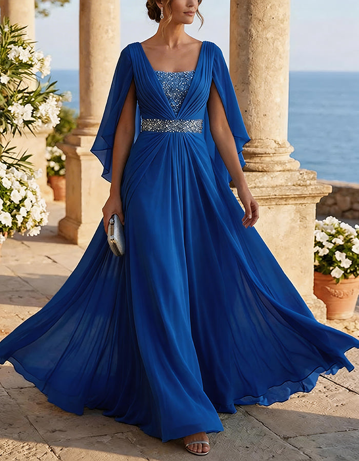 Ice Blue Chiffon Cape Sleeves Maxi Dress