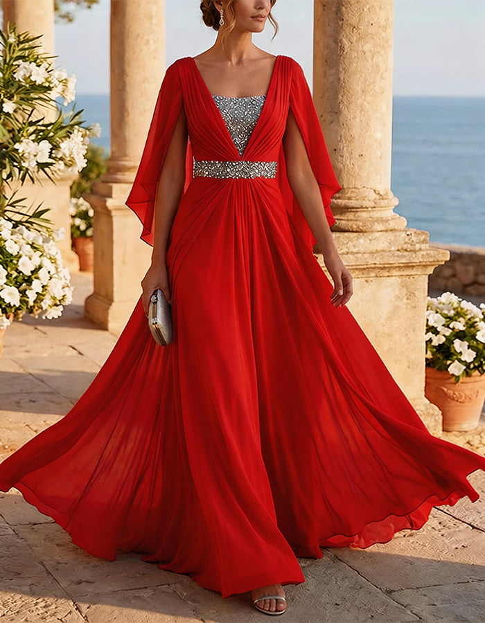 Ice Blue Chiffon Cape Sleeves Maxi Dress