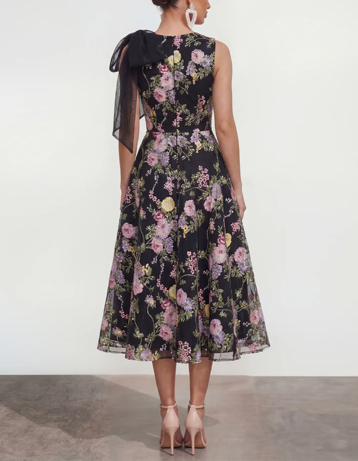 Black With Colorful Flowers And Sleeveless Bow Maxi Dress