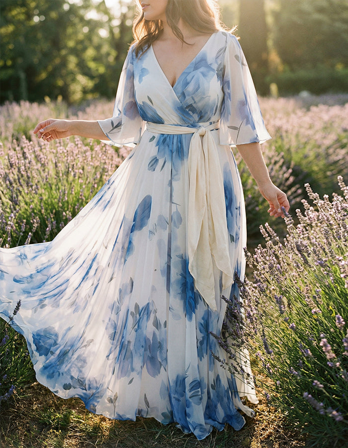 Blue And White Ink-wash Floral V-Neck With Ruffled Sleeves Maxi Dress