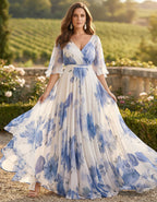 Blue And White Ink-wash Floral V-Neck With Ruffled Sleeves Maxi Dress