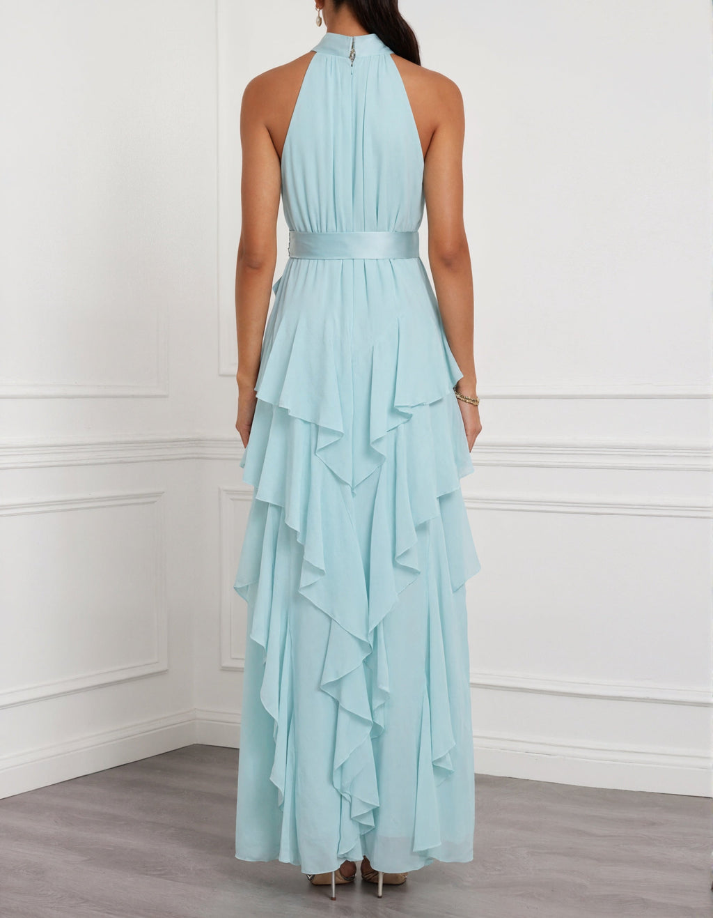 Blue Halter Neck Ruffled Chiffon Maxi Dress