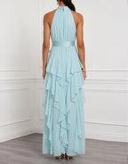 Blue Halter Neck Ruffled Chiffon Maxi Dress