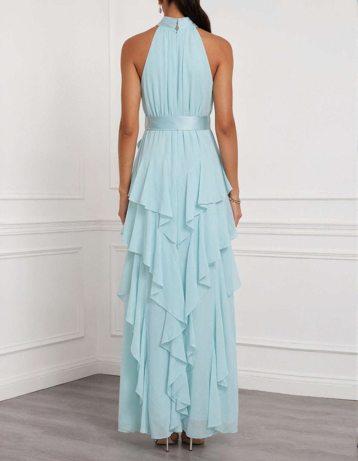 Blue Halter Neck Ruffled Chiffon Maxi Dress