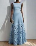 Blue Sleeveless Lace Trimmed Fishtail Maxi Dress
