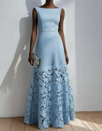 Blue Sleeveless Lace Trimmed Fishtail Maxi Dress