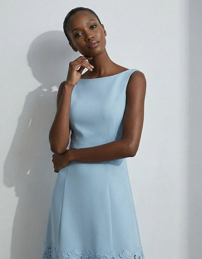 Blue Sleeveless Lace Trimmed Fishtail Maxi Dress