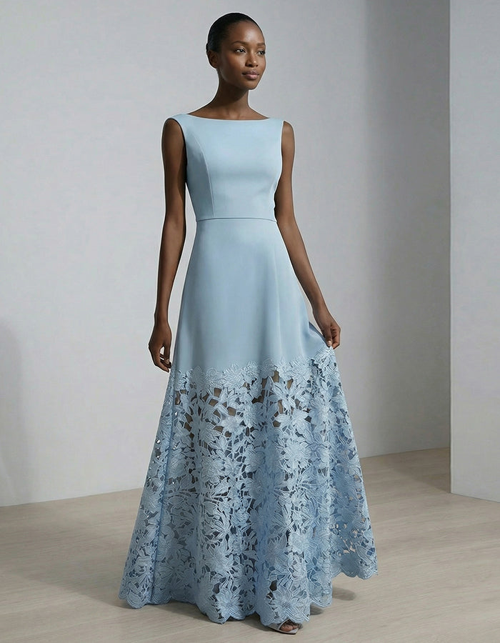 Blue Sleeveless Lace Trimmed Fishtail Maxi Dress
