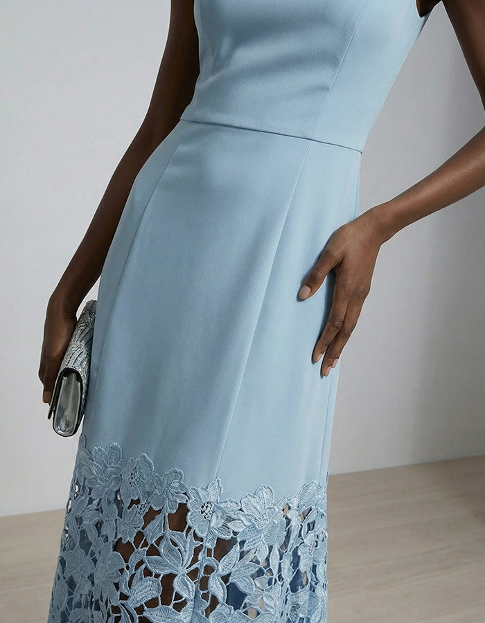 Blue Sleeveless Lace Trimmed Fishtail Maxi Dress