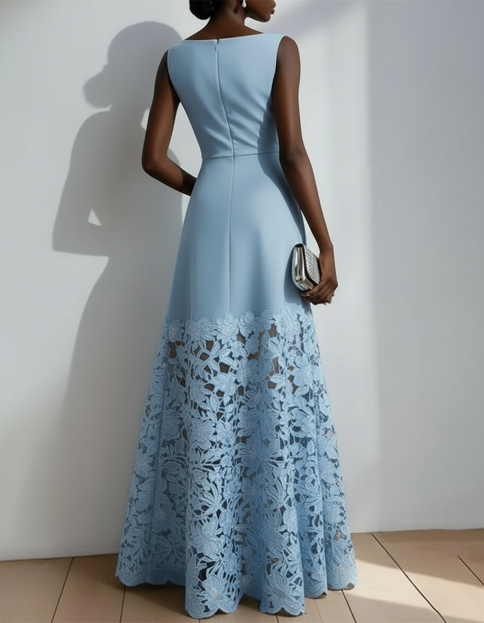 Blue Sleeveless Lace Trimmed Fishtail Maxi Dress