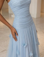 Solid Color Strapless 3D Floral Tulle Maxi Dress
