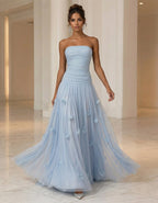 Solid Color Strapless 3D Floral Tulle Maxi Dress