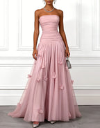 Solid Color Strapless 3D Floral Tulle Maxi Dress