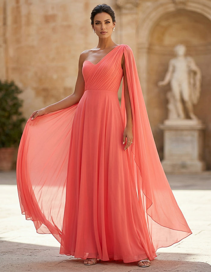 Orange Red One Shoulder Chiffon Ribbon Maxi Dress