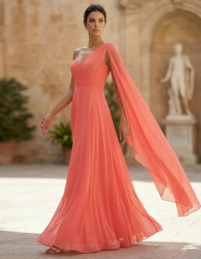 Orange Red One Shoulder Chiffon Ribbon Maxi Dress