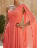 Orange Red One Shoulder Chiffon Ribbon Maxi Dress