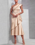 Champagne One Shoulder Satin Ruffle Midi Dress